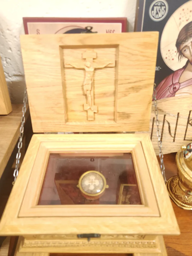 The holy relics of the Cross of Jesus Christ in a carved reliquary.